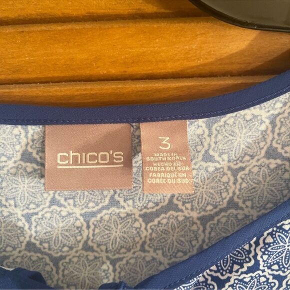 Chico’s Blue White Mosaic Print Keyhole Tie Blouse Top 3 16 XL - Picture 5 of 7